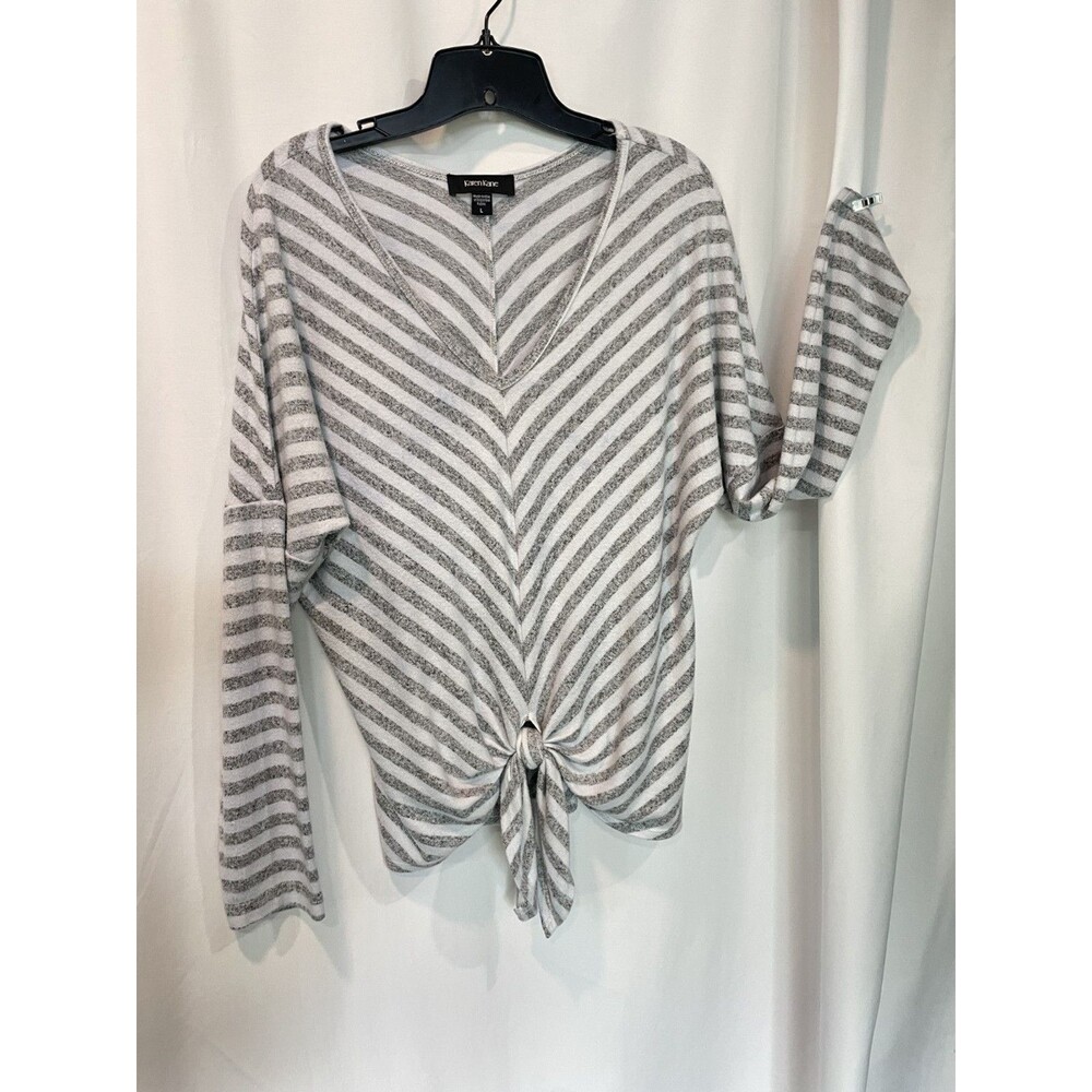 Karen Kane Pullover 3/4 Sweater Super soft Gray White Stripes, Ties in Front